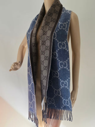 Gucci Blue brown GG Monogram Reversible wool oversized scarf