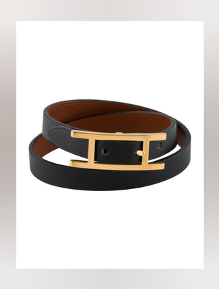Hermès Black Leather Behapi Double Tour Bracelet