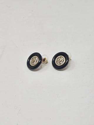 Chanel Gold-tone Black Enamel Interlocking CC Stud Earrings