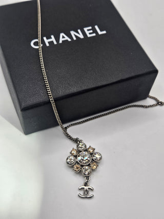 Chanel Silver-tone Strass CC Logo Dangle Pendant Necklace