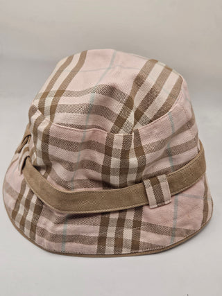Burberry London Pink Beige Nova Check Plaid Print Canvas Bucket Hat M sz
