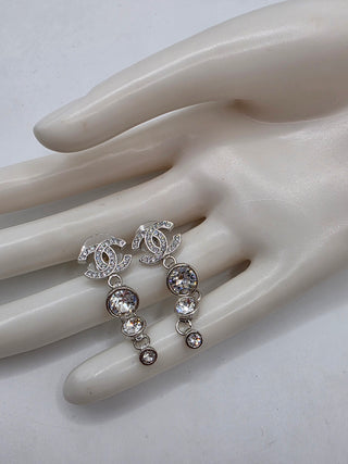 Chanel Silver-tone 2023 Strass CC Drop Earrings