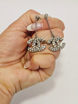 Chanel Silver-tone 2022 Strass Interlocking CC Drop Earrings