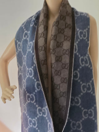 Gucci Blue brown GG Monogram Reversible wool oversized scarf