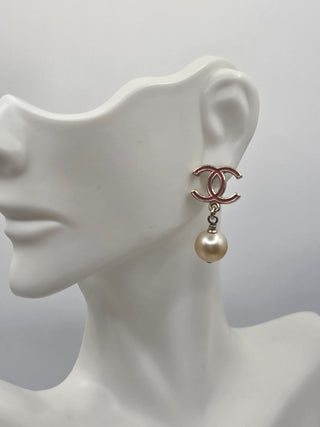 Chanel Gold-tone Faux Pearl Enamel CC Drop Earrings