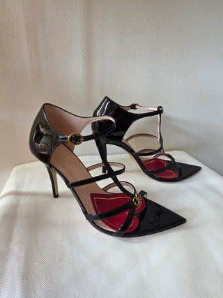 Gucci Patent Leather GG Charm T-Strap Sandals 36.5 sz