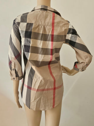 Burberry Brit Plaid Print Three-Quarter Sleeve Button-Up Top XS sz