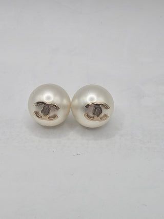 Chanel Golf-tone White Faux Pearl CC Stud Earrings