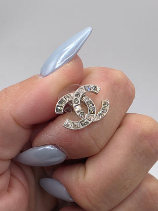 Chanel Silver-tone Strass Interlocking CC Stud Earrings