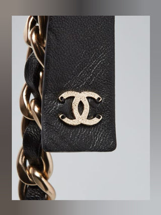 Chanel Black Leather Gold-tone Chain Entwined CC Logo Tie Belt L sz