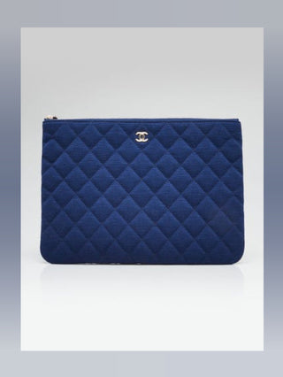 Chanel Blue Quilted Jersey Fabric Medium O-Case Zip Pouch VIP Bag