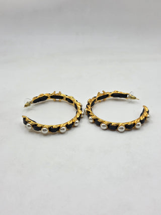 Chanel Gold-tone Faux Pearl Leather Interlocking CC Turnlock Hoop Earrings