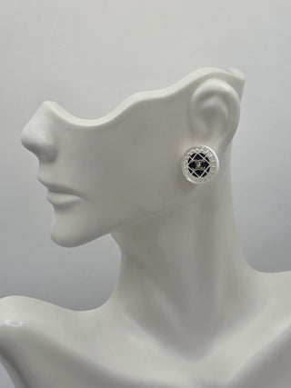 Chanel Silver-tone Resin Faux Pearl Interlocking CC Stud Earrings
