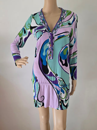 Emilio Pucci Purple Multicolor Signature Print long-sleeved dress 10 sz