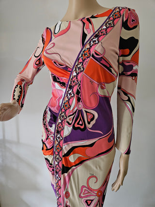 Emilio Pucci Pink multicolor signature print long-sleeved dress 8 US sz