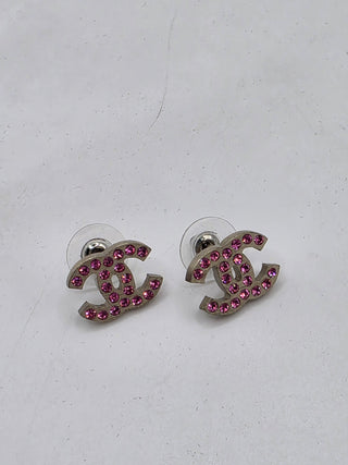 Chanel Silver-tone Pink Strass Interlocking CC Stud Earrings