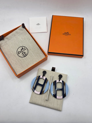 Hermès Blue Multicolor H Equipe Drop Earrings