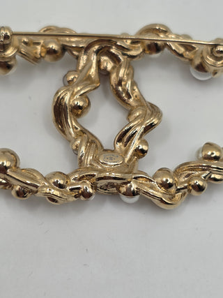 Chanel Gold-tone Faux Pearl Gripoix in CC Logo Brooch