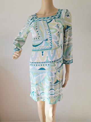 Emilio Pucci White green multicolor signature print long-sleeved summer dress 6 sz