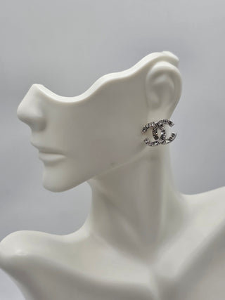 Chanel Silver-tone Strass Interlocking CC Stud Earrings