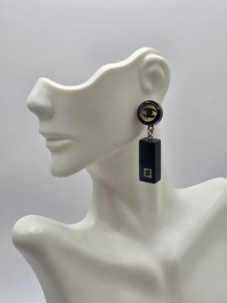 Chanel Black Resin Interlocking CC Drop Earrings