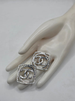 Chanel Silver-tone Interlocking CC Square Stud Earrings