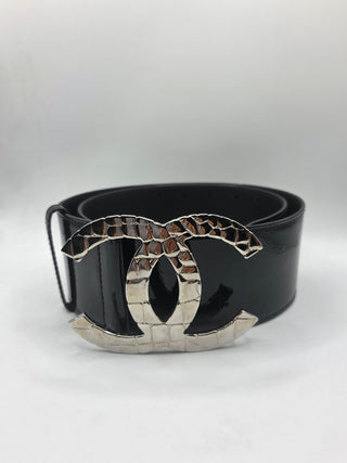 Chanel Black Patent Leather Interlocking CC Logo wide belt M sz