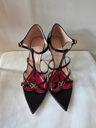 Gucci Patent Leather GG Charm T-Strap Sandals 36.5 sz