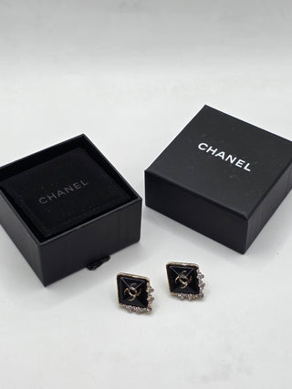 Chanel Gold-tone Blavk Strass Interlocking CC Stud Earrings