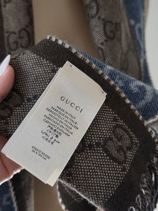 Gucci Blue brown GG Monogram Reversible wool oversized scarf