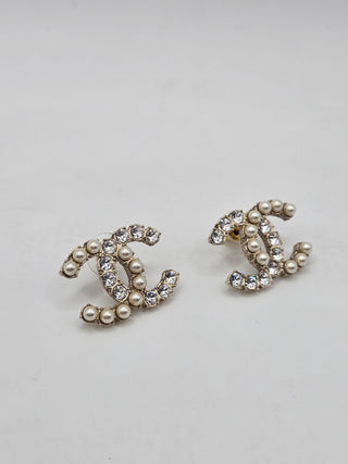 Chanel Gold-tone Faux Pearl Strass Interlocking CC Stud Earrings