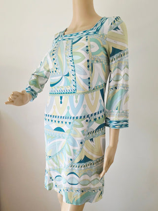 Emilio Pucci White green multicolor signature print long-sleeved summer dress 6 sz