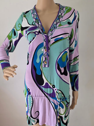 Emilio Pucci Purple Multicolor Signature Print long-sleeved dress 10 sz