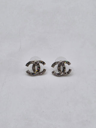 Chanel Silver-tone Strass Interlocking CC Stud Earrings