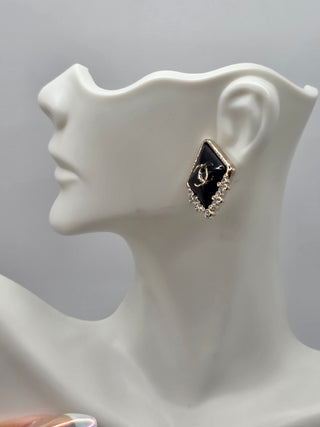 Chanel Gold-tone Blavk Strass Interlocking CC Stud Earrings