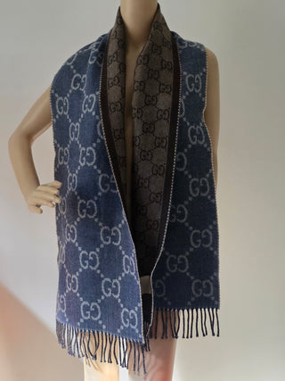 Gucci Blue brown GG Monogram Reversible wool oversized scarf