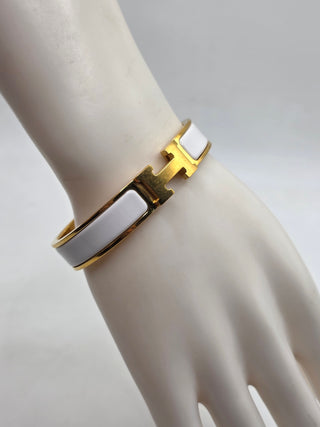 Hermes White Enamel Gold Plated Clic-H Narrow PM Bracelet