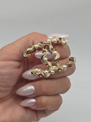Chanel Gold-tone Faux Pearl Gripoix in CC Logo Brooch