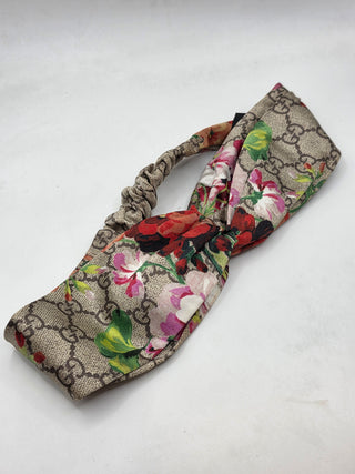 Gucci Beige Multicolor GG Pattern Flora Silk Hairband M sz