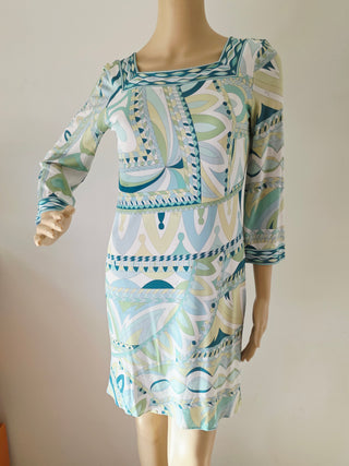 Emilio Pucci White green multicolor signature print long-sleeved summer dress 6 sz
