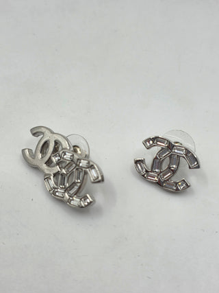 Chanel Silver-tone 2022 Strass Interlocking CC Mismatched Stud Earrings