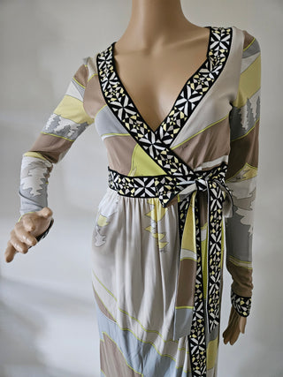 Emilio Pucci Brown multicolor signature print summer wrap dress 6 US sz