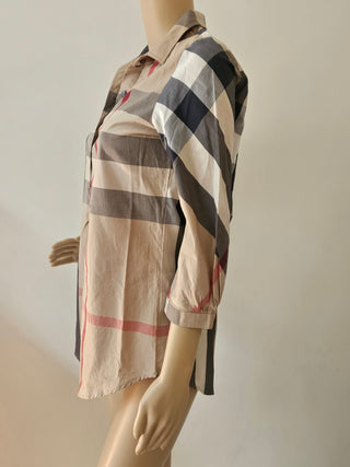 Burberry Brit Plaid Print Three-Quarter Sleeve Button-Up Top XS sz