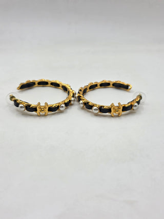 Chanel Gold-tone Faux Pearl Leather Interlocking CC Turnlock Hoop Earrings