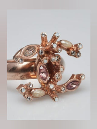 Chanel Pink Gold Metal and Pink Crystal CC Ring 6.5 sz