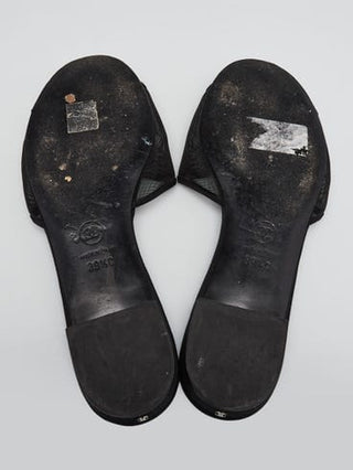 CHANEL Black Mesh Camellia Flower Open Toe Flat Sandals 39.5 sz