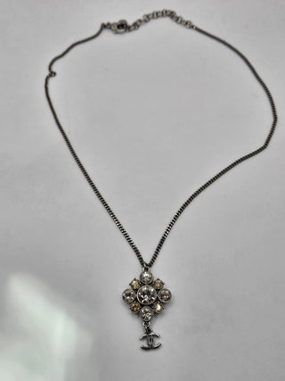 Chanel Silver-tone Strass CC Logo Dangle Pendant Necklace