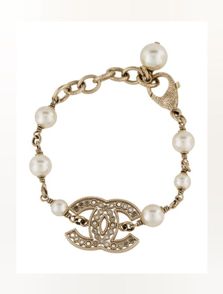 Chanel Gold-tone Faux Pearl Strass Interlocking CC Station Bracelet
