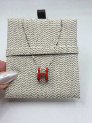 Hermes Red Enamel and Palladium Plated Pop H Pendant Necklace