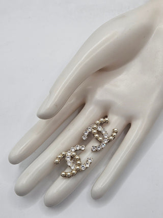 Chanel Gold-tone Faux Pearl Strass Interlocking CC Stud Earrings